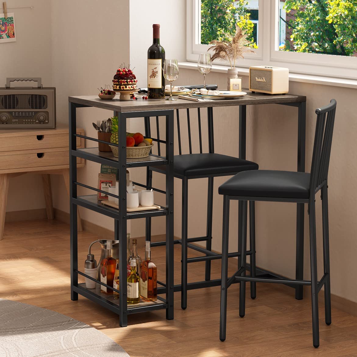 Bar Table and Chairs Set for 2 with 3 Storage Shelves, Modern Pub Table Set