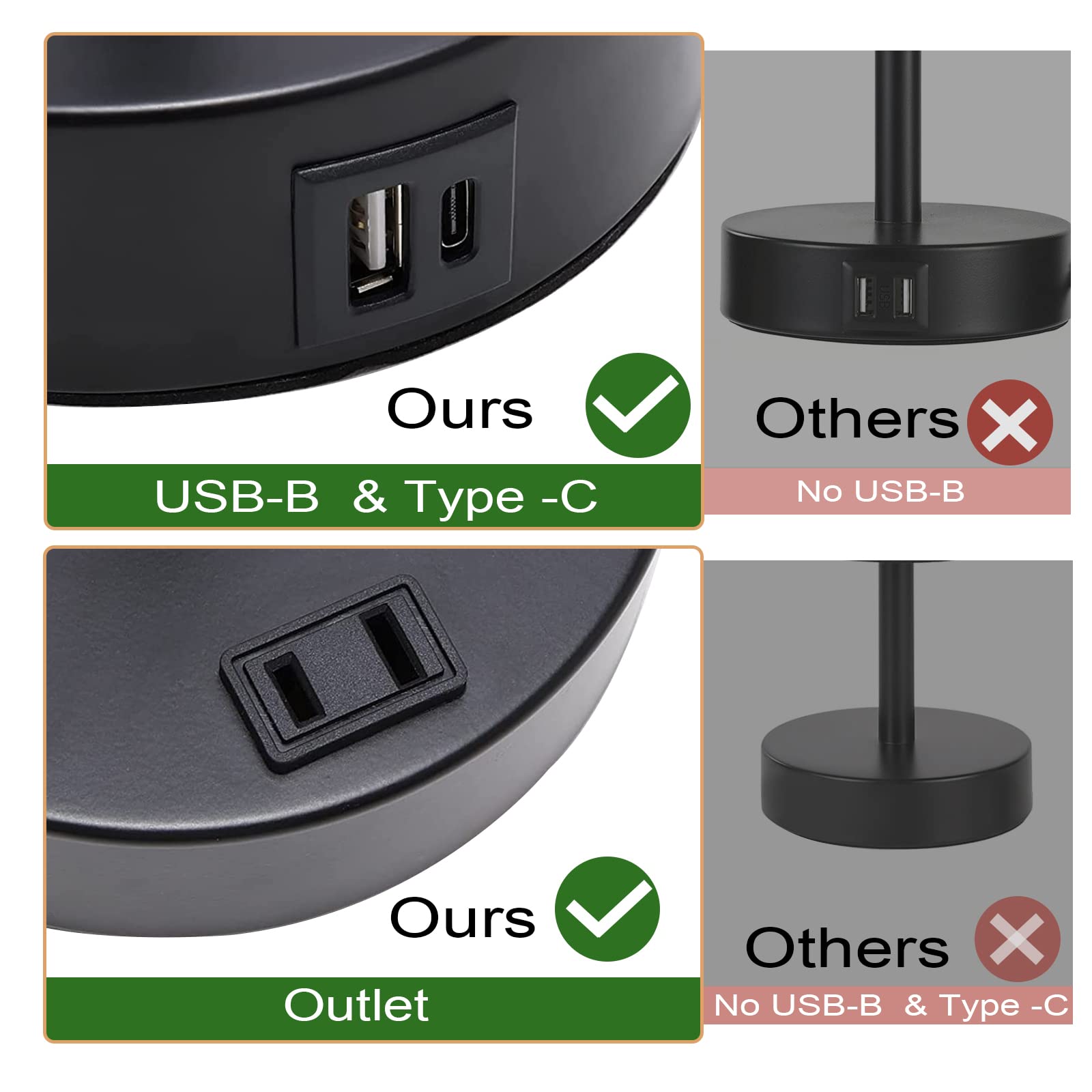 Bedside Lamps Set 2, 3 Way Full Dimming lamp with USB Ports