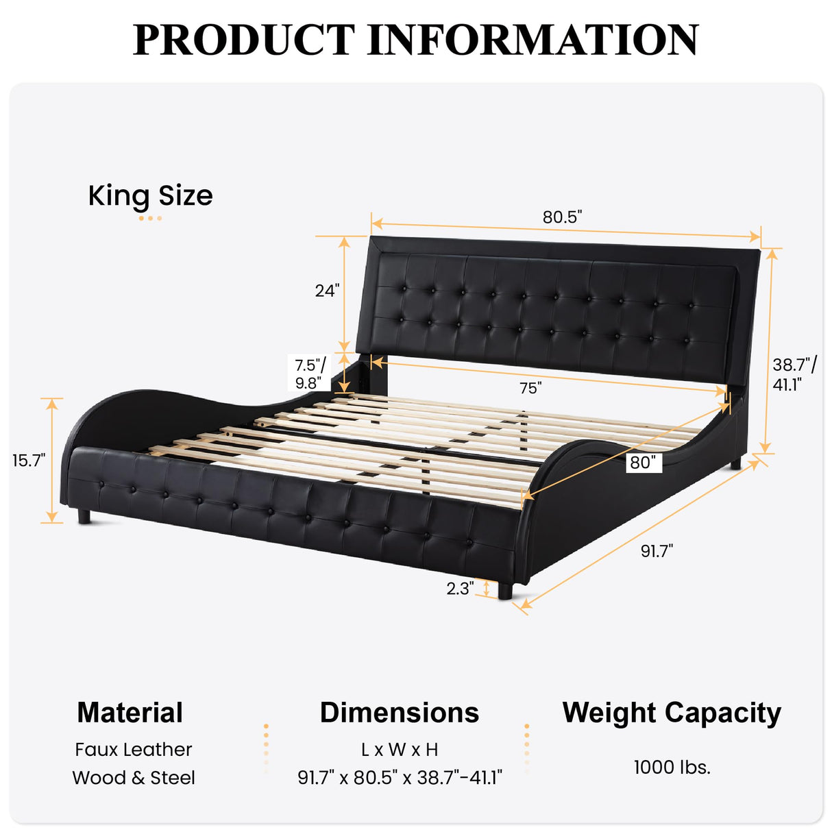 King Size Box-Tufted Platform Bed Frame/Faux Leather Upholstered Bed Frame