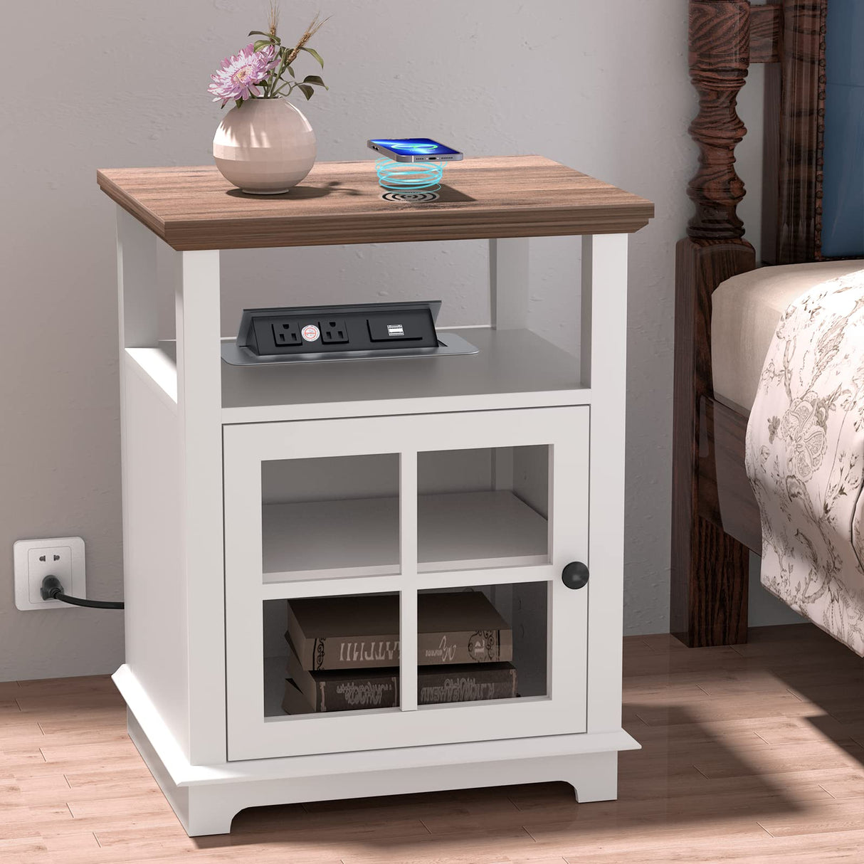 Side Table with Storage, Sofa End Table with Wireless Charging Station