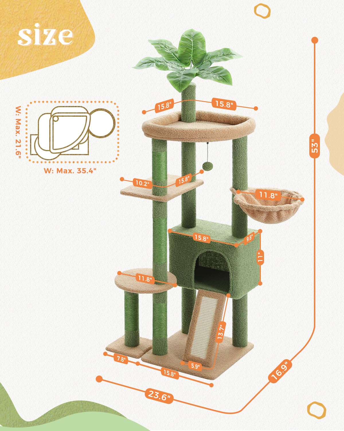 Cactus Cat Tree for Indoor Cats, 53'' Green Cat Tower with Large Cat Condo