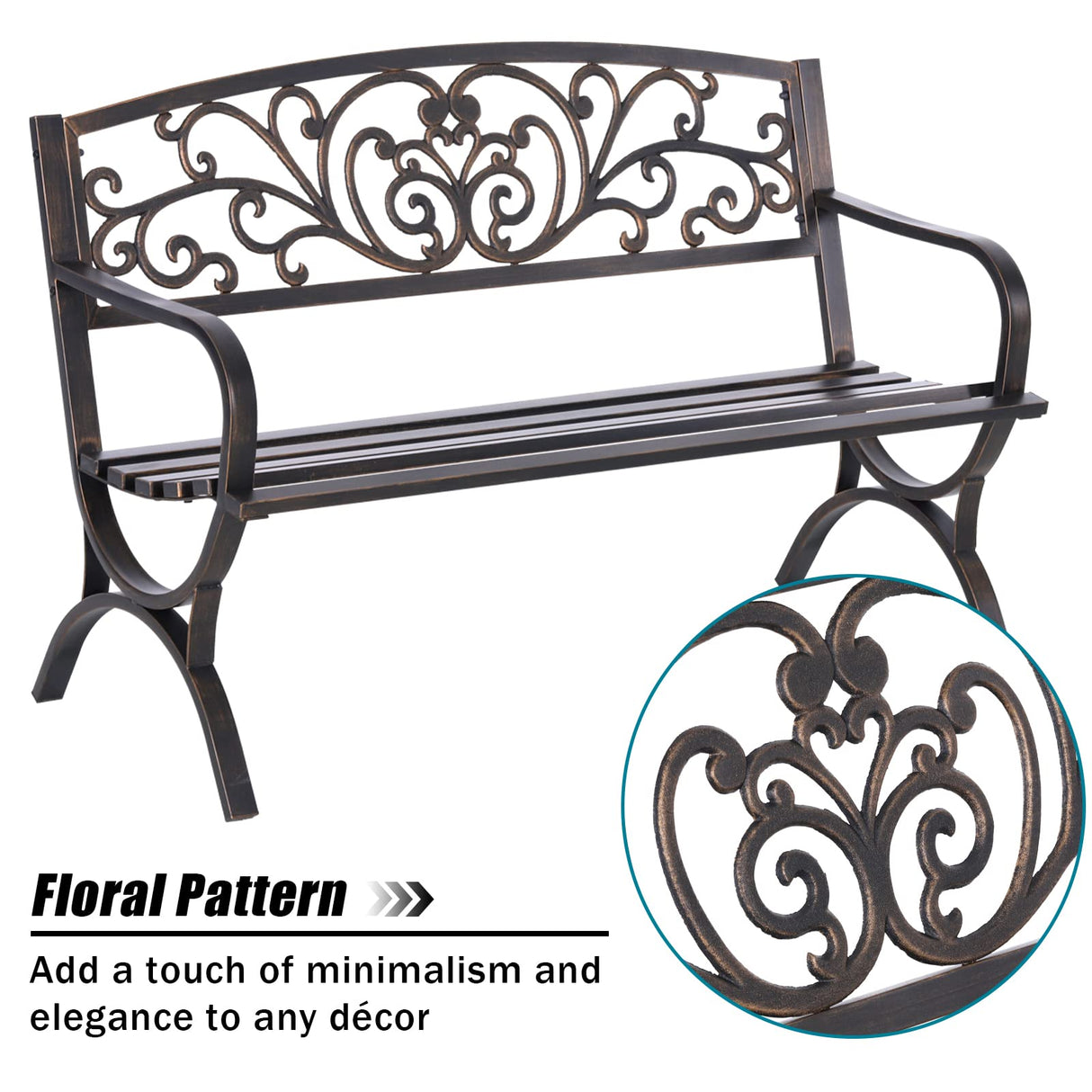 50 Inches Outdoor Garden Bench,Cast Iron Metal Bench with Floral Pattern