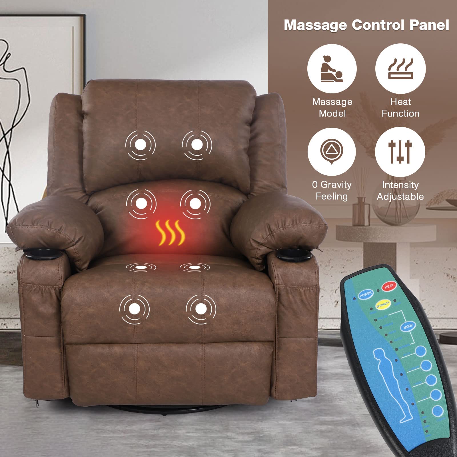 TheraComfort Heated Leather Recliner – Power Rocker with Massage & Swivel