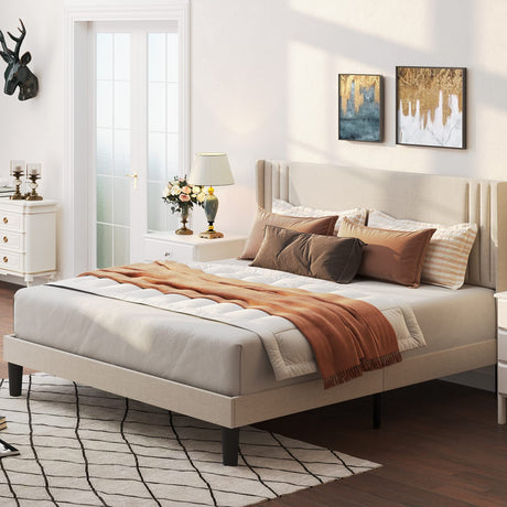 Full Bed Frame with Wingback Headboard, Upholstered Platform Bed with Modern