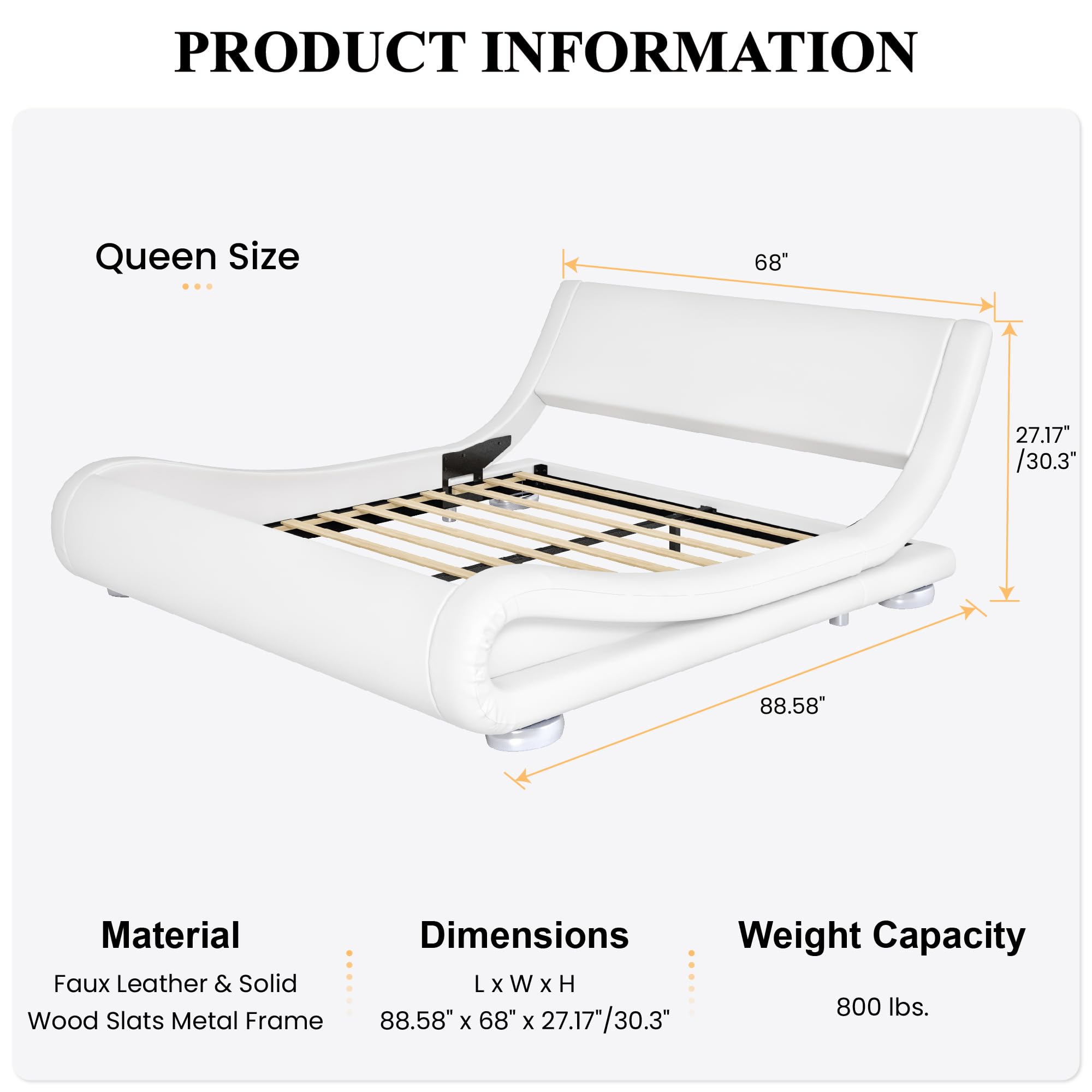 Queen Size Upholstered Bed Frame, Deluxe Low Profile Sleigh Bed with Faux Leather