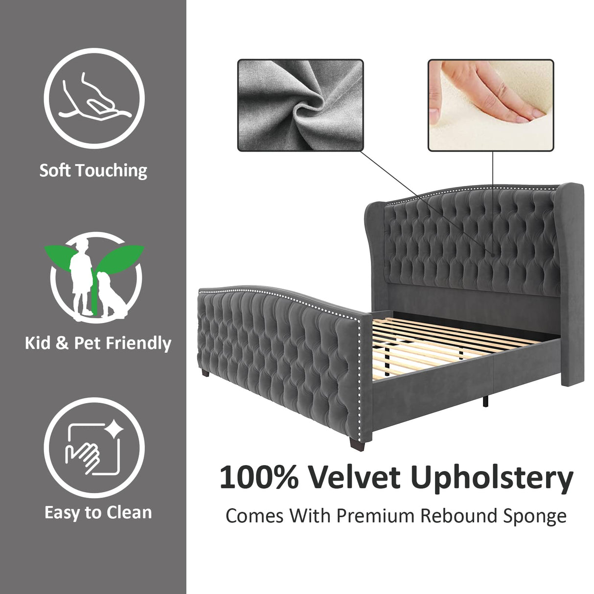 Platform Bed Frame, Velvet Upholstered Bed with Deep Button Tufted Headboard