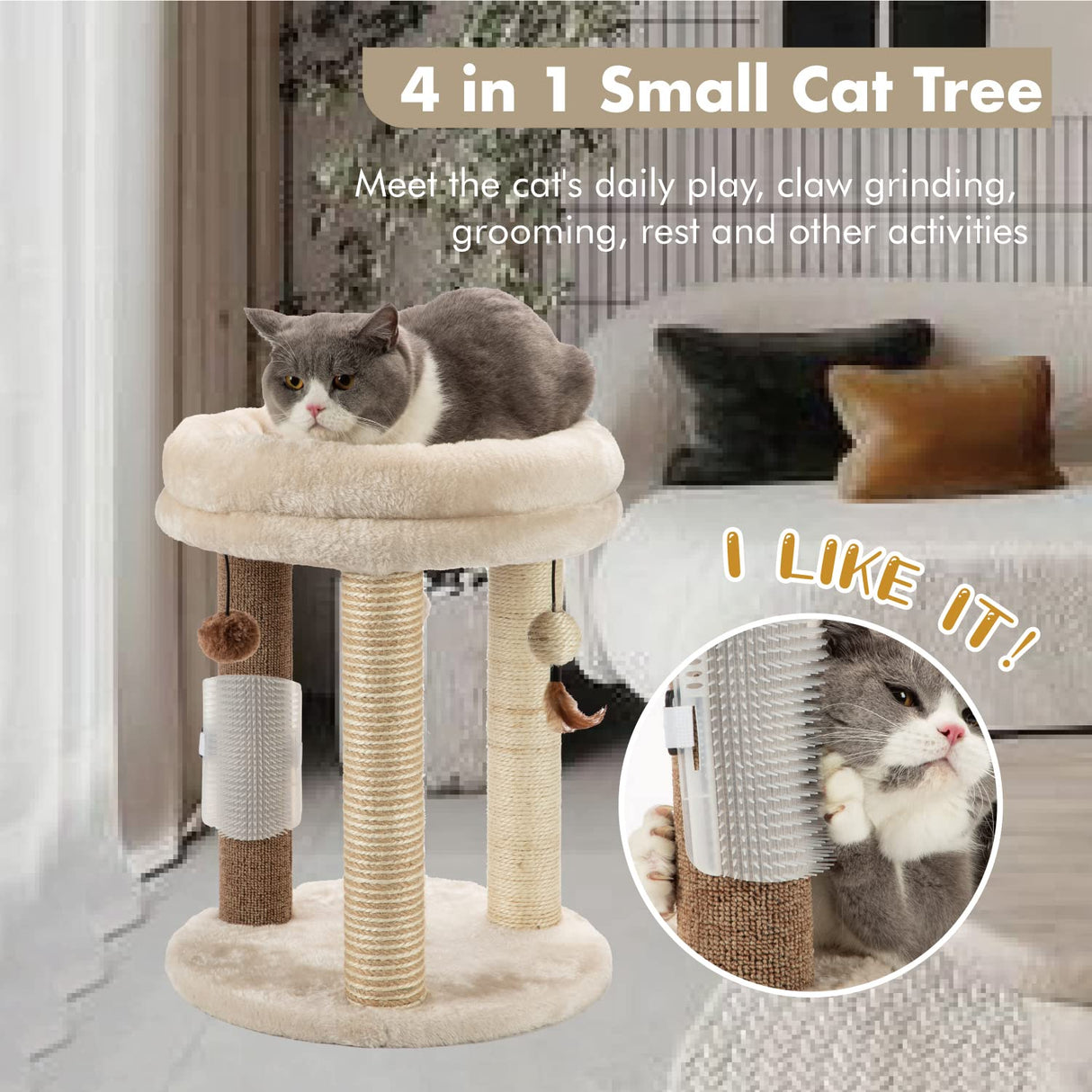 4in1 Small Cat Tree,Scratching Post with Tower Soft Cat Bed