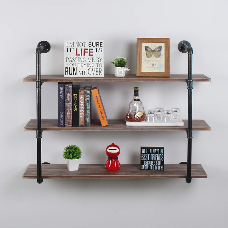 Industrial Pipe Floating Shelves,2 Tiers Wall Mount Bookshelf,48in Rustic Wall Shelves,DIY Storage Shelving Wall Shelf,Rustic Wall Shelving Unit,Wall Book Shelf for Home Organizer,Black Brushed Silver