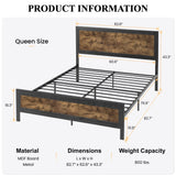 Grey Metal Bed Frame Queen/Industrial Wooden Platform Bed with Rivet Headboard