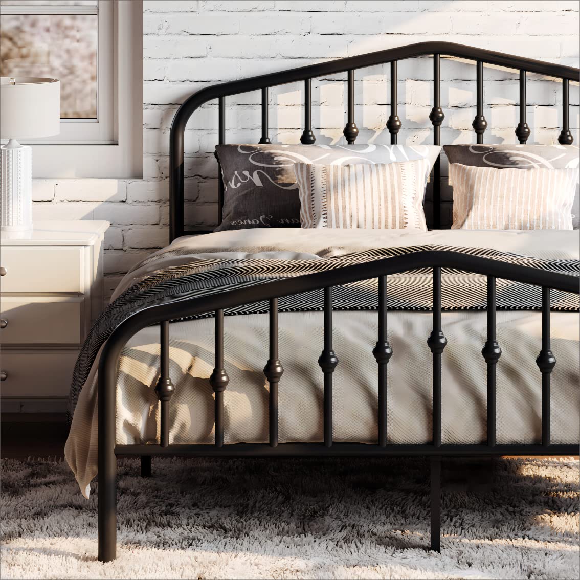 Queen Size Metal Platform Bed Frame with Victorian Style Wrought Iron-Art Headboard