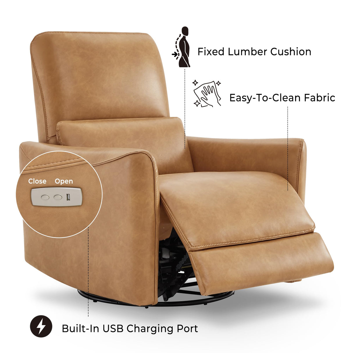 Power Recliner Swivel Glider, Upholstered Faux Leather Living Room Reclining Sofa Chair