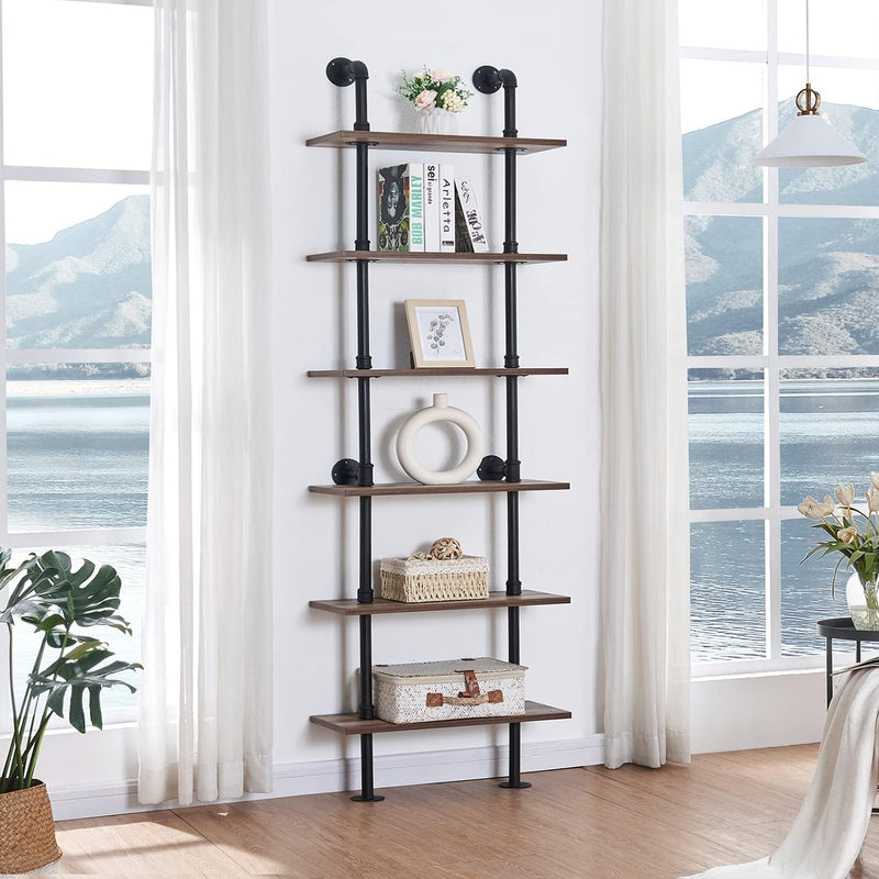 Industrial Bookshelf, 6-Tier Industrial Pipe Bookshelf, Wall Mounted Ladder Shelves