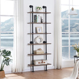 Industrial Bookshelf, 6-Tier Industrial Pipe Bookshelf, Wall Mounted Ladder Shelves