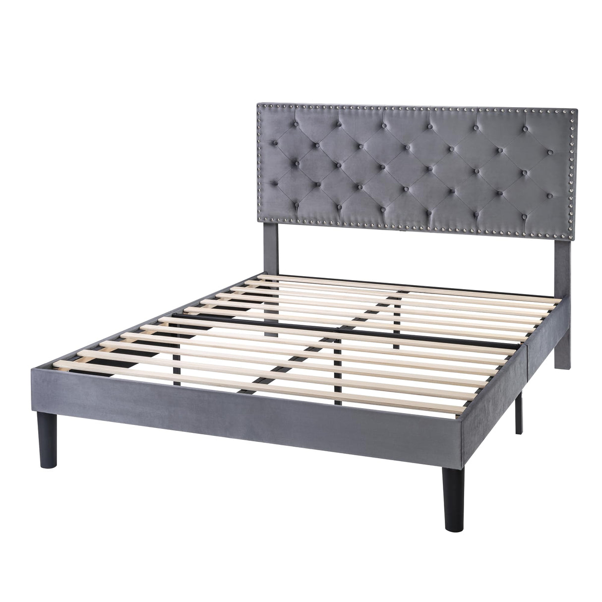 Full Size Velvet Bed Frame with Adjustable Headboard, Diamond Button Tufted and Rivet