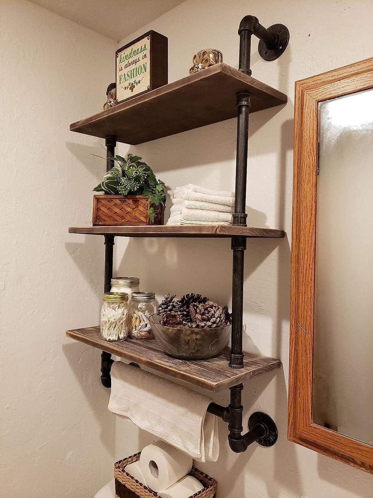 Industrial Pipe Wall Bathroom Shelf Rustic Bathroom Shelves with Towel Bar,24"