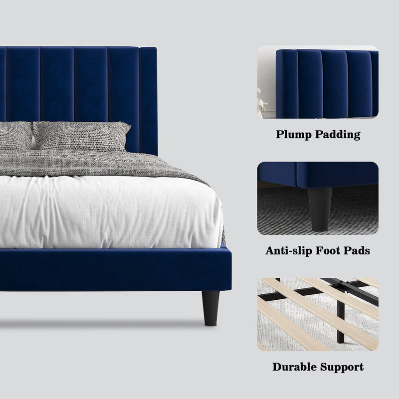 Platform Bed Frame/Velvet Upholstered Bed Frame with Vertical Channel