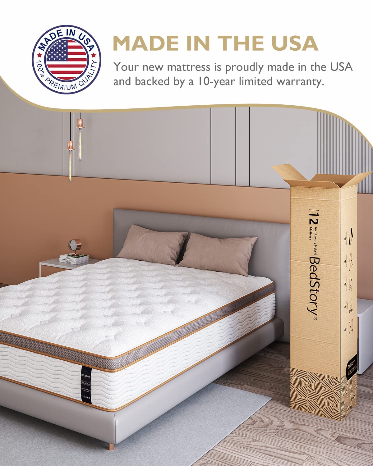 King Mattress - Made in USA - 12 Inch Hybrid Mattress Medium Firm, Individually