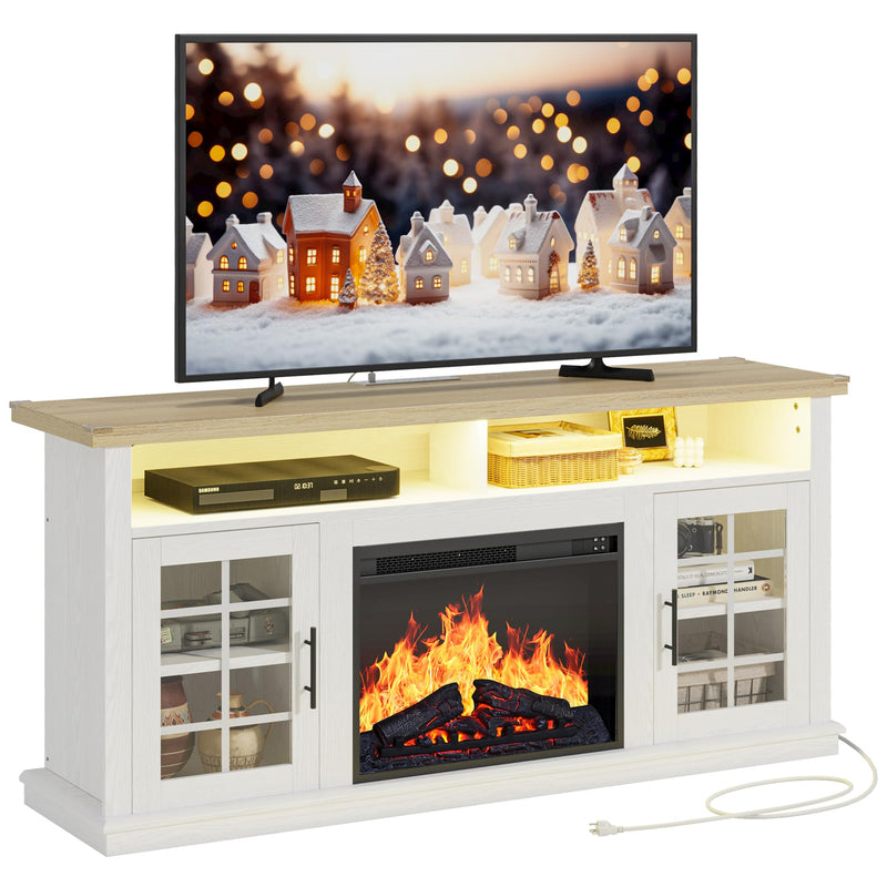 Fireplace TV Stand with Power Outlet and LED Light, Entertainment Center with Open Storage Shelves