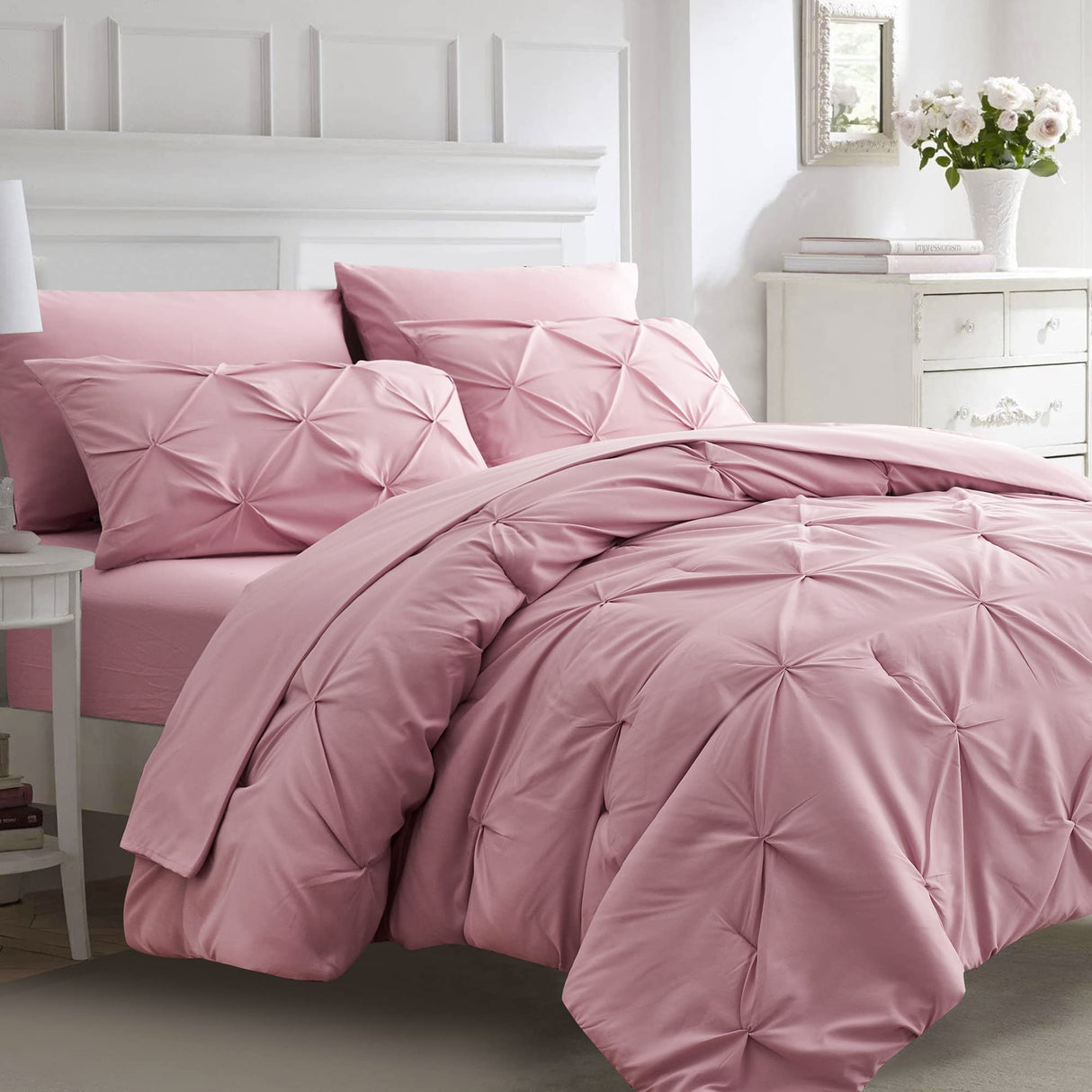 7 Pieces Queen Comforter Set-Bed in a Bag Pink Comforter Set Queen with Comforters