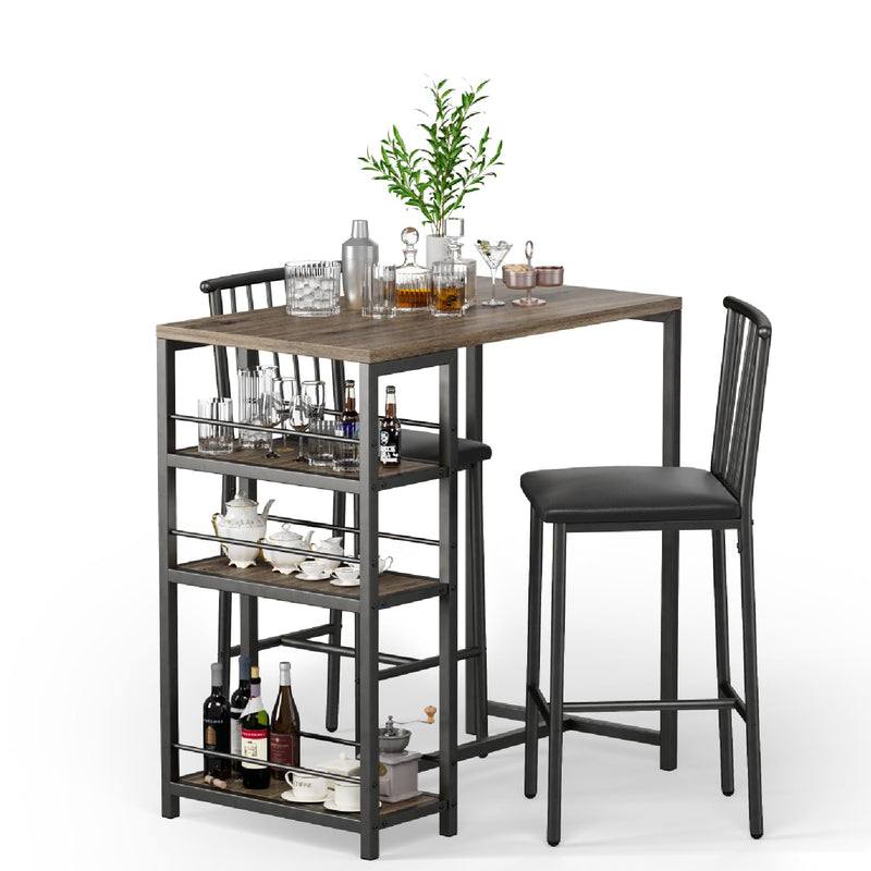 Bar Table and Chairs Set for 2 with 3 Storage Shelves, Modern Pub Table Set