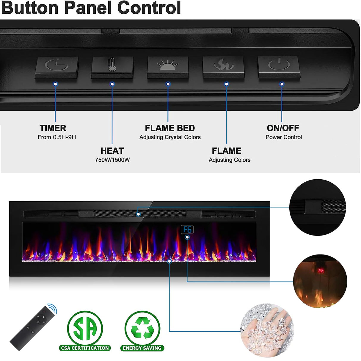 68 Inch Electric Fireplace Recessed and Wall Mounted