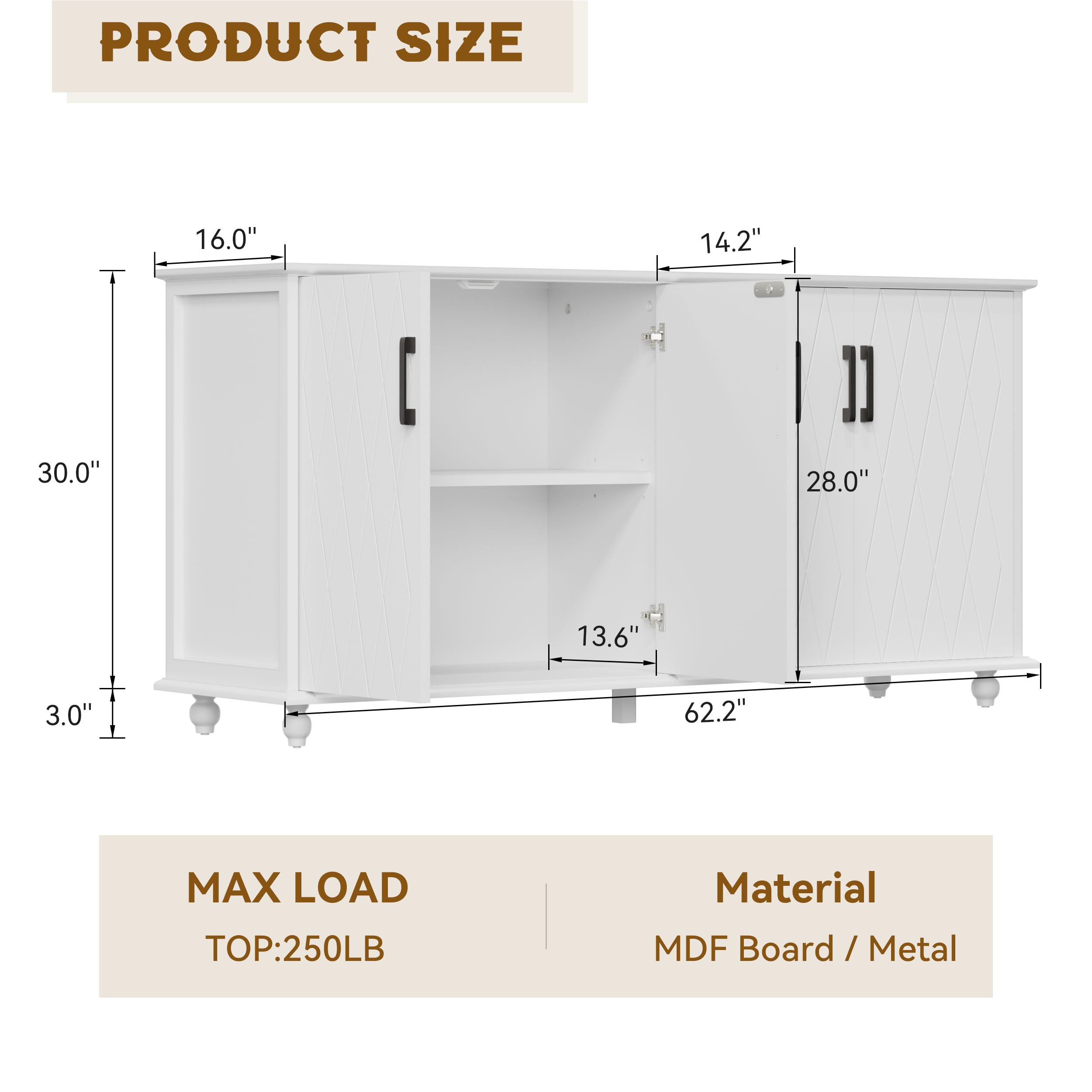 Sideboard Cabinet, 62'' Buffet Cabinet with Storage