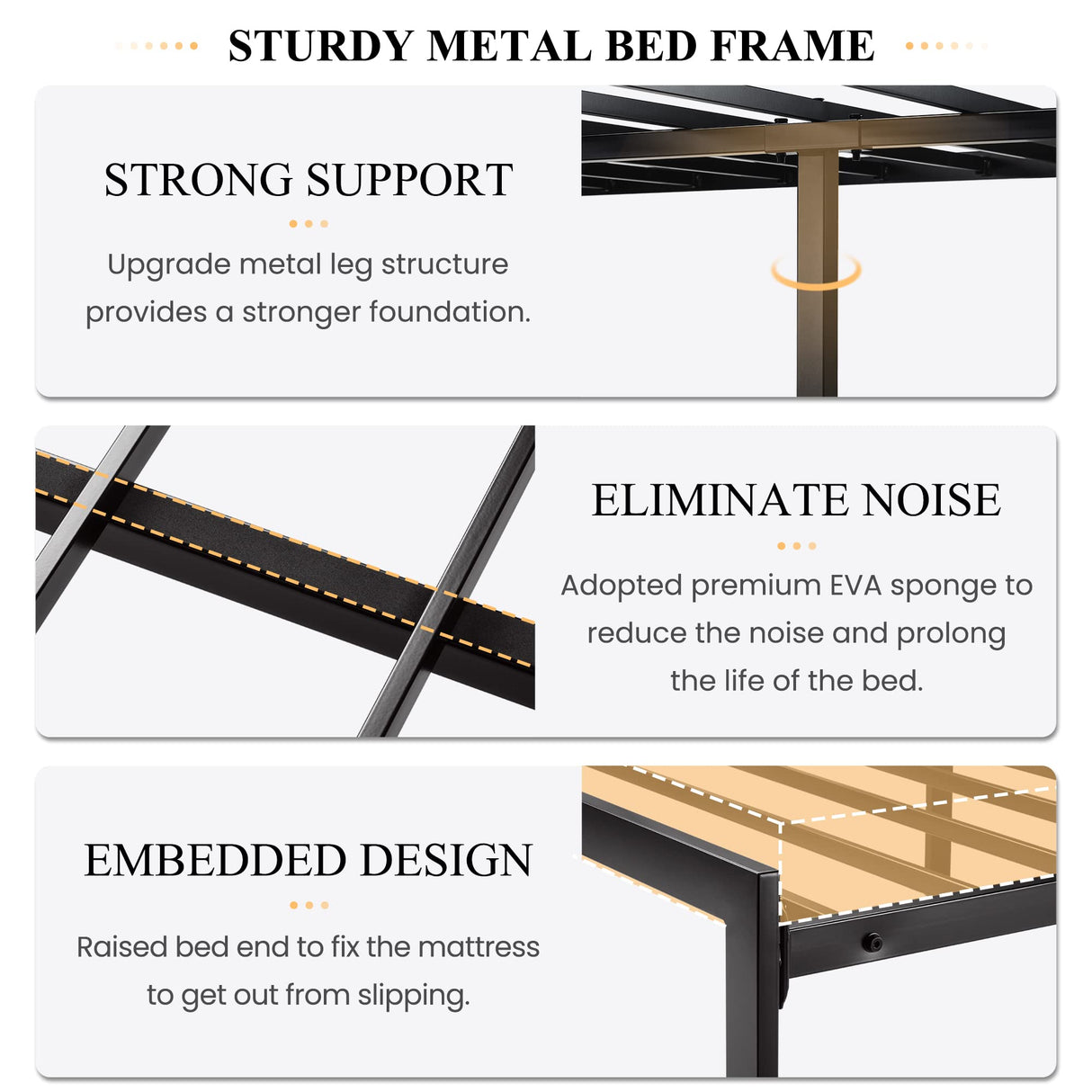 King Size Bed Frame with Upholstered Headboard, Platform Bed Frame with Metal Slats