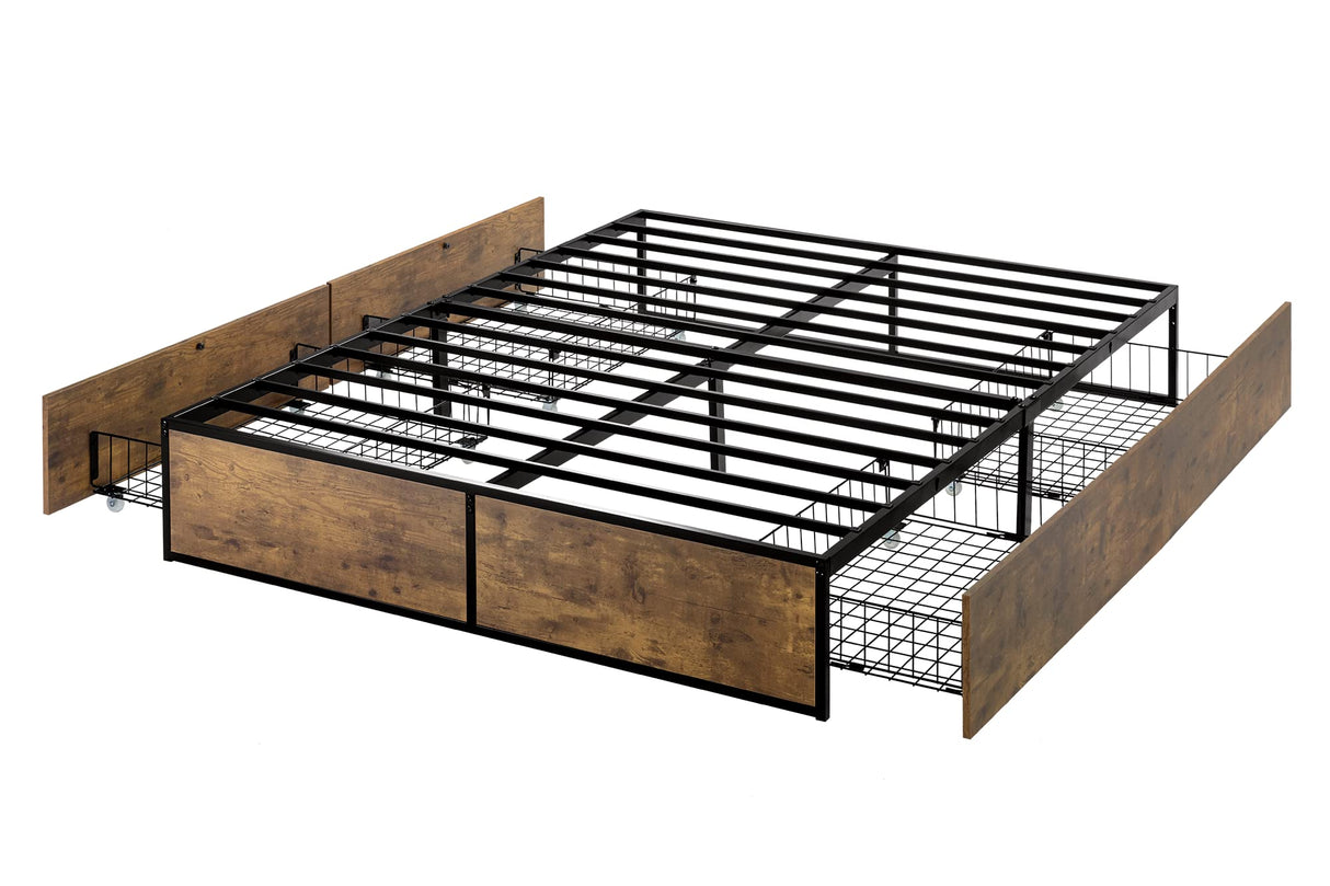 Queen Bed Frame with Storage, Platform Bed with 4 Extra Large Storage Drawers