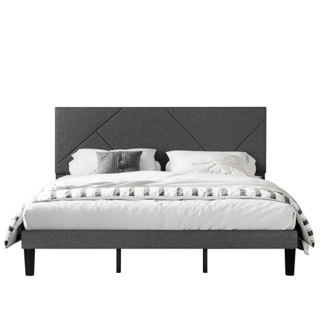 King Size Upholstered Bed Frame with Geometric Headboard, Heavy-Duty Platform Bed