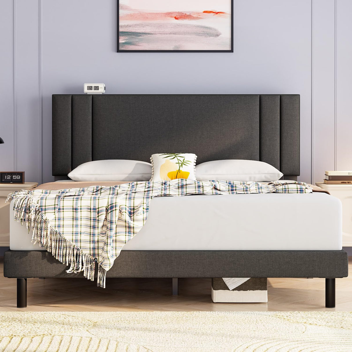 King Bed Frame with Headboard, Upholstered Platform Bed Frame