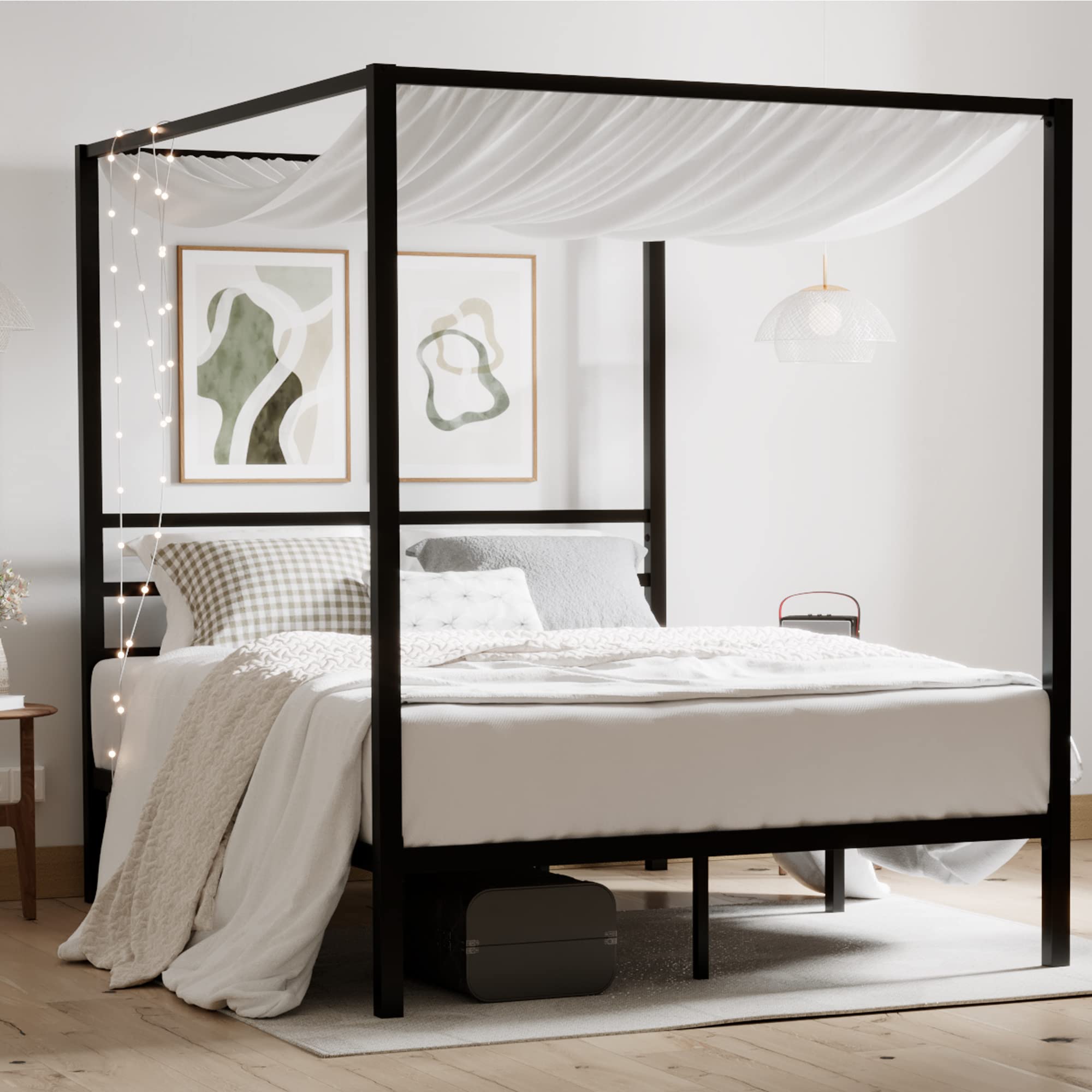Full Size Metal Canopy Bed Frame, Modern Four-Poster Platform Bed Frame