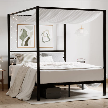 Full Size Metal Canopy Bed Frame, Modern Four-Poster Platform Bed Frame