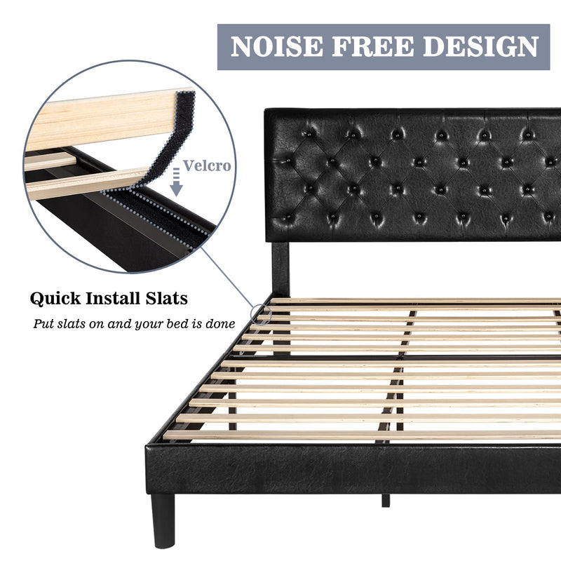 King Bed Frame with Adjustable Diamond Stitched Button Tufted Headboard/Faux Leather