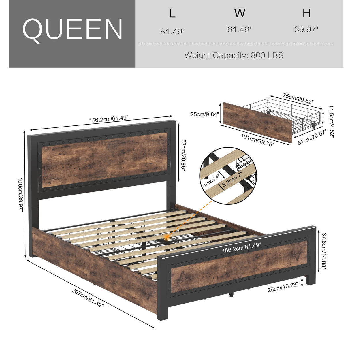 Queen Size Bed Frame with 4 Storage Drawers