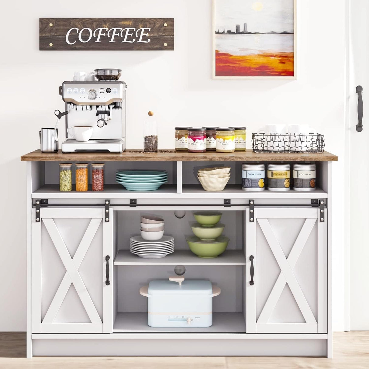 White Coffee Bar, Farmhouse Buffet Storage Cabinet with Barn Door