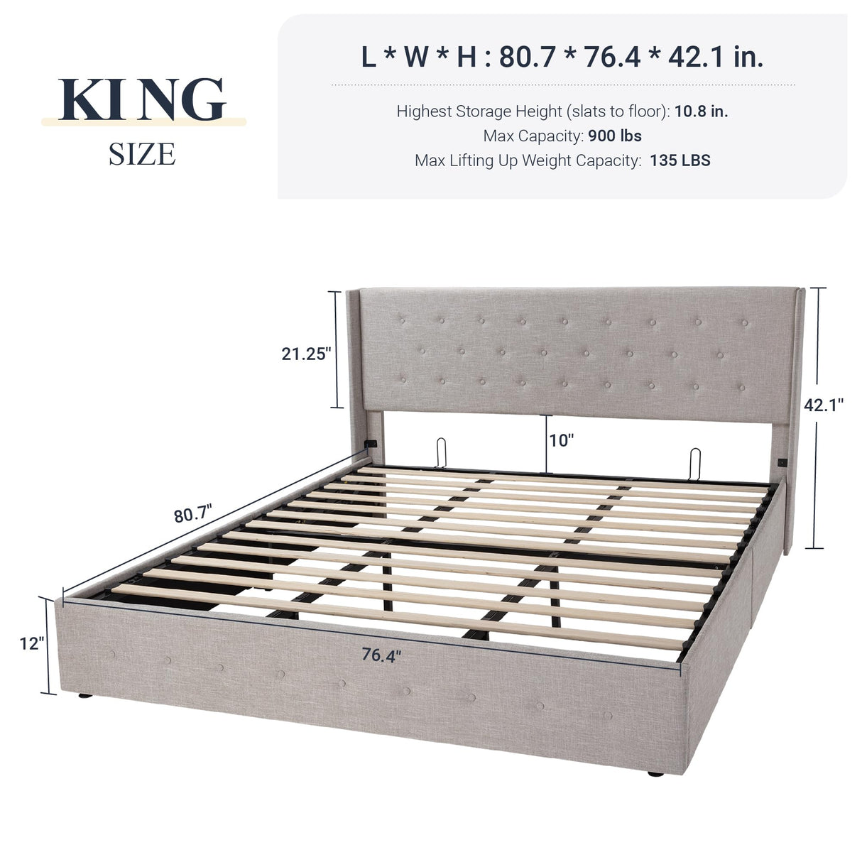 King Size Lift Up Storage Bed, Button Tufted Headboard with Wingback, No Box Spring Needed