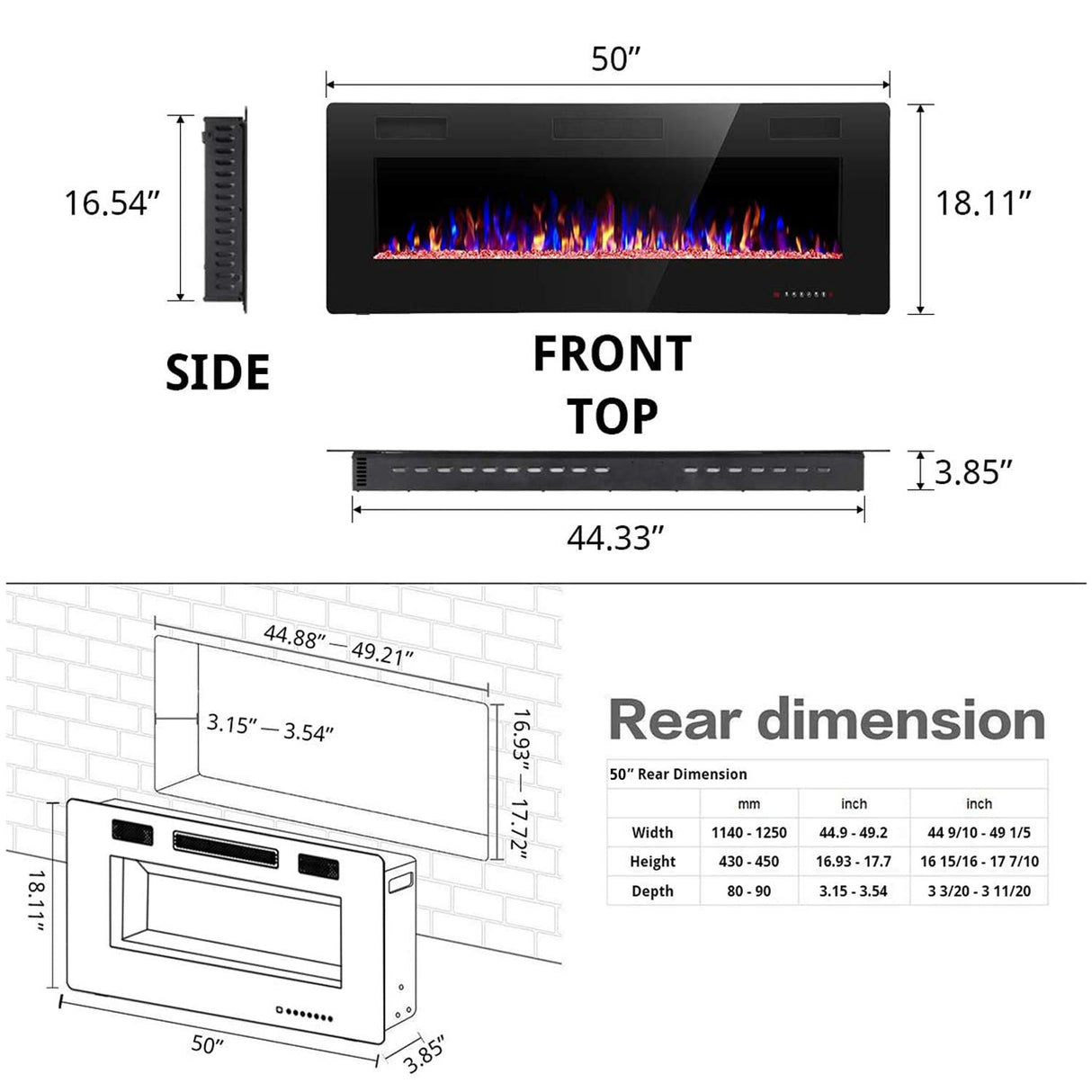 Electric Fireplace 50 inch Recessed and Wall Mounted