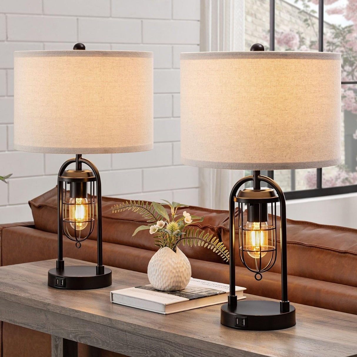 Set of 2 Farmhouse Table Lamps with USB Ports