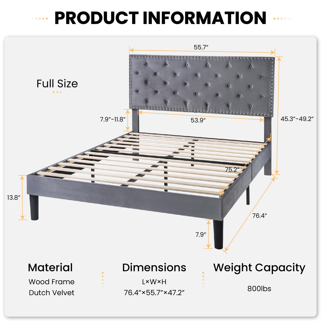 Full Size Velvet Bed Frame with Adjustable Headboard, Diamond Button Tufted and Rivet