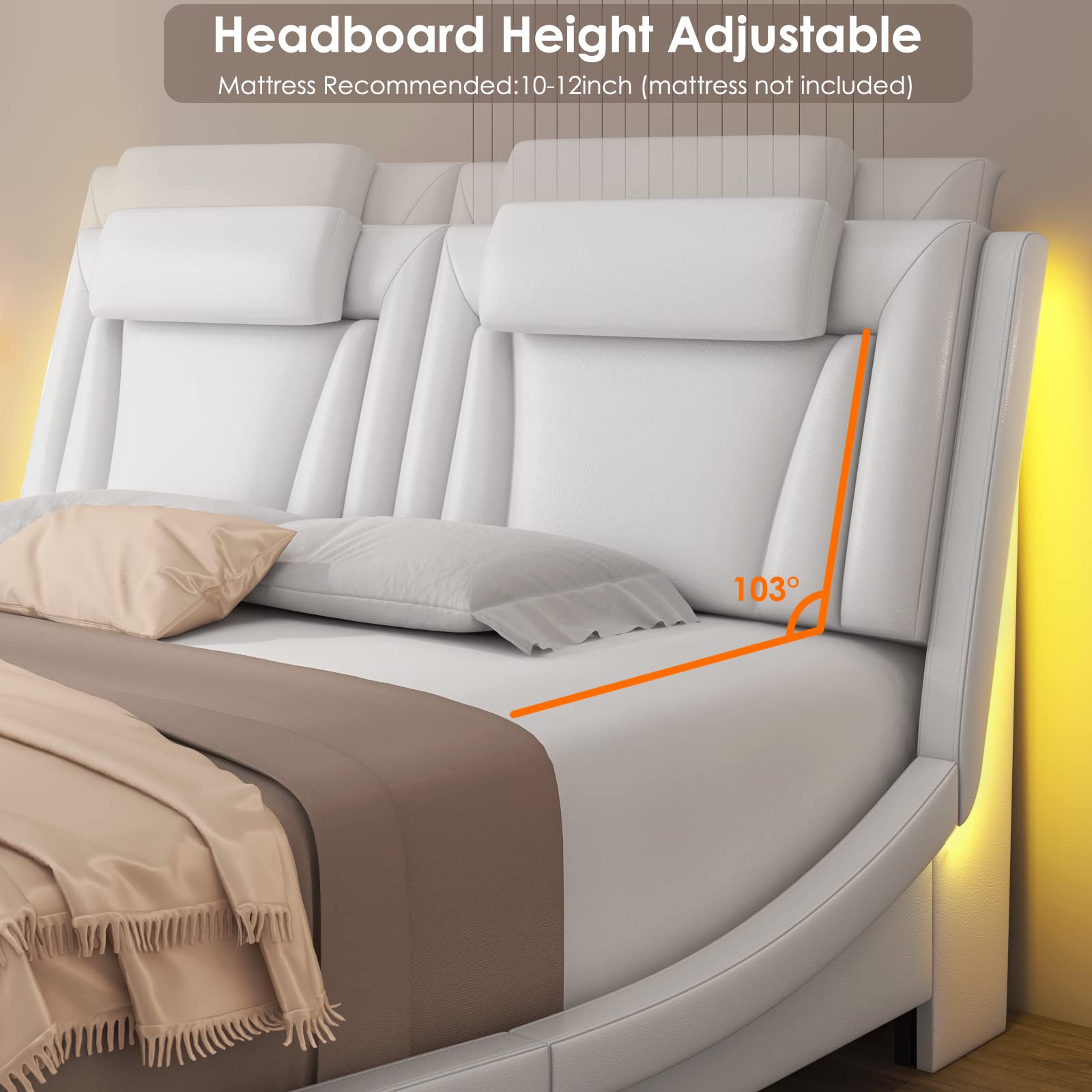 Upholstered Platform Bed Frame with Adjustable LED Headboard, Pu Leather