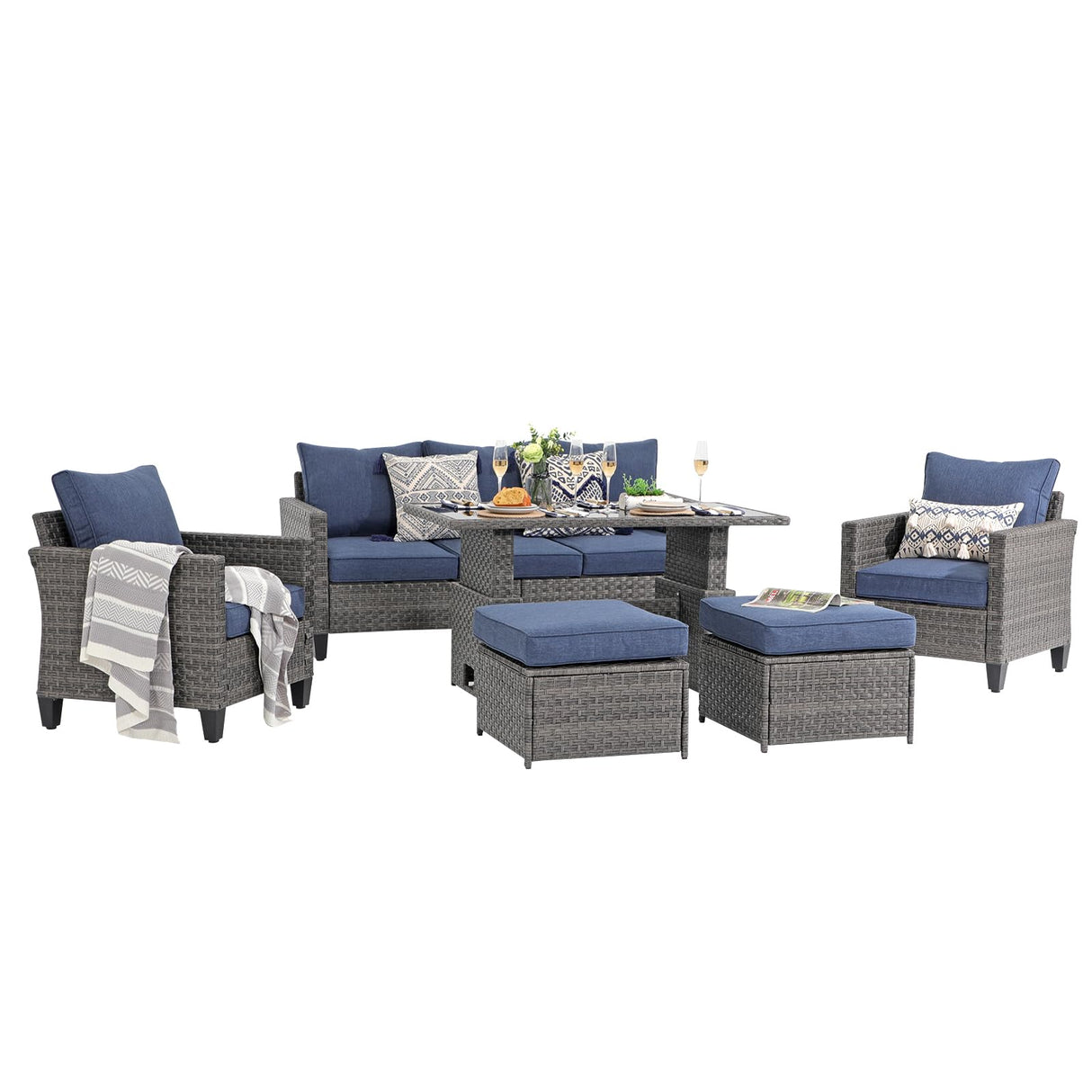 Outdoor Patio Furniture Set 6 Piece Wicker Conversation Set with Lift Coffee Table