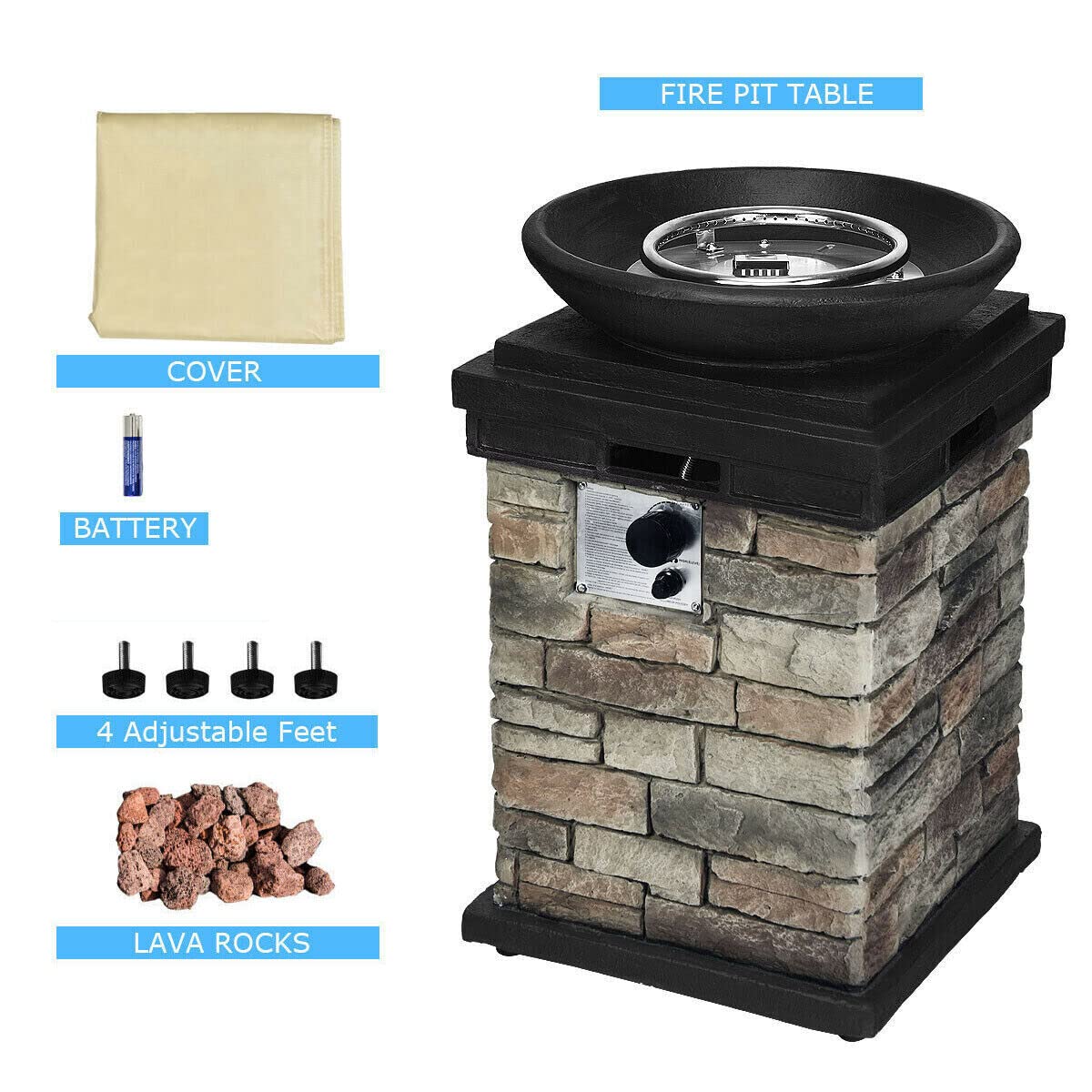 Propane Firebowl Column, 40,000 BTU Gas Fire Pit,Ledgestone Firepit