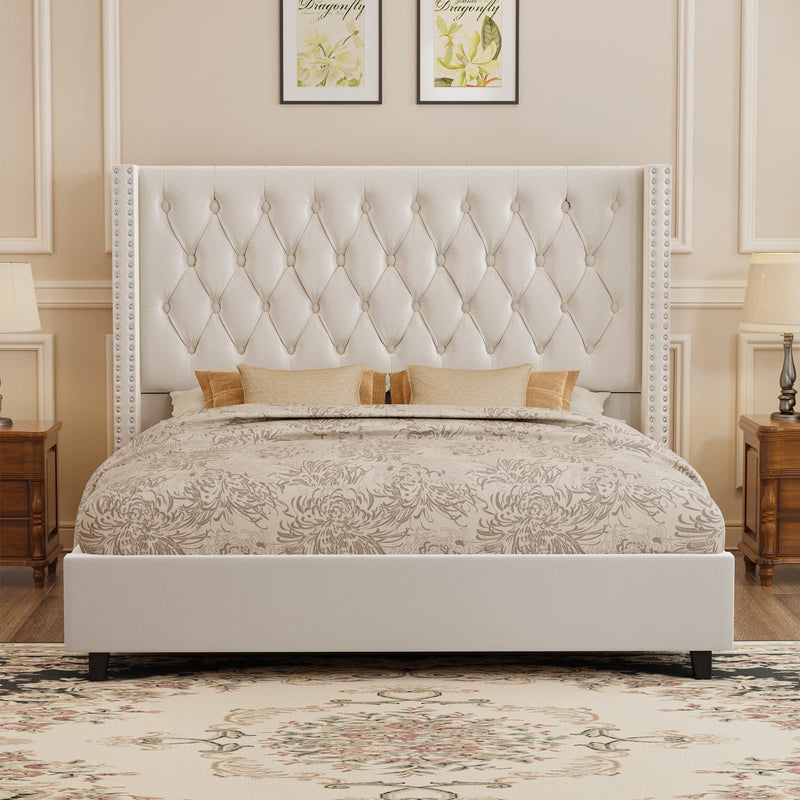 King Bed Frame Velvet Upholstered Bed with Deep Button Tufted/No Box Spring Needed