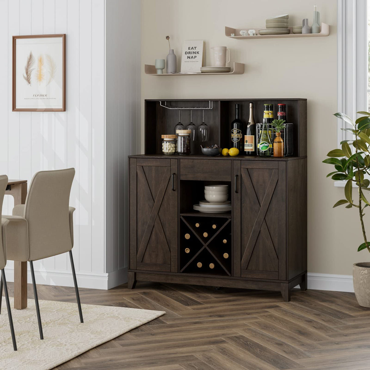 Wine Bar Cabinet for Liquor and Glasses, Barn Doors Wine Cabinet