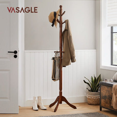 Solid Wood Coat Rack/Stand, Free Standing Hall Coat Tree with 10 Hooks