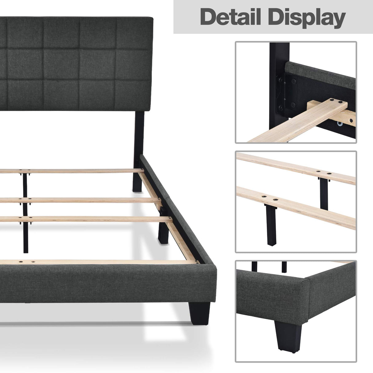 Queen Size Panel Bed Frame with Adjustable High Headboard/Fabric Upholstered/Box