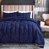 Pinch Pleated Navy Comforter Set Queen Size Bed, 3 Piece Pintuck Bedding Sets