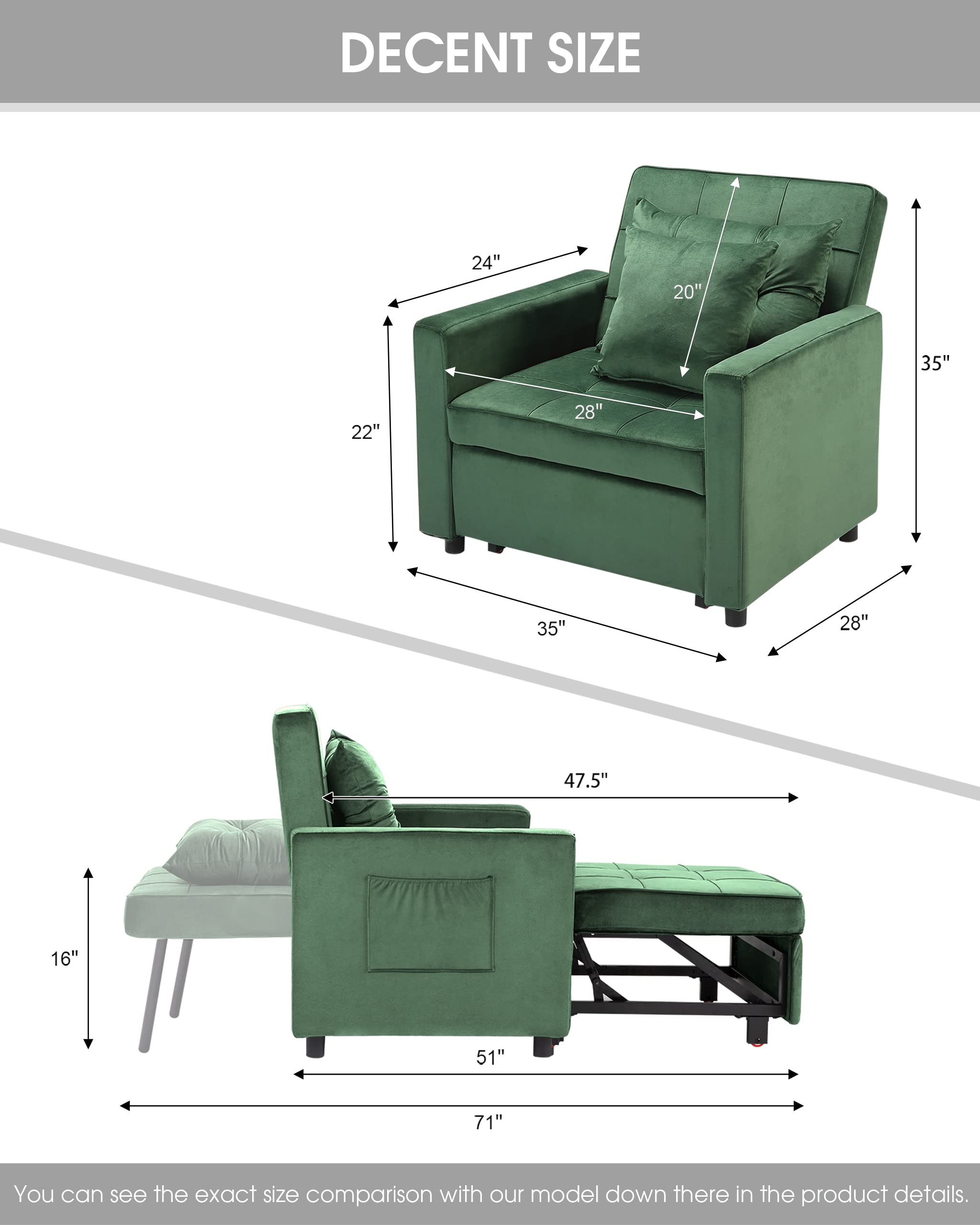 Convertible Chair Bed, Sleeper Chair Bed 3 in 1, Adjustable Recliner,  Sofa