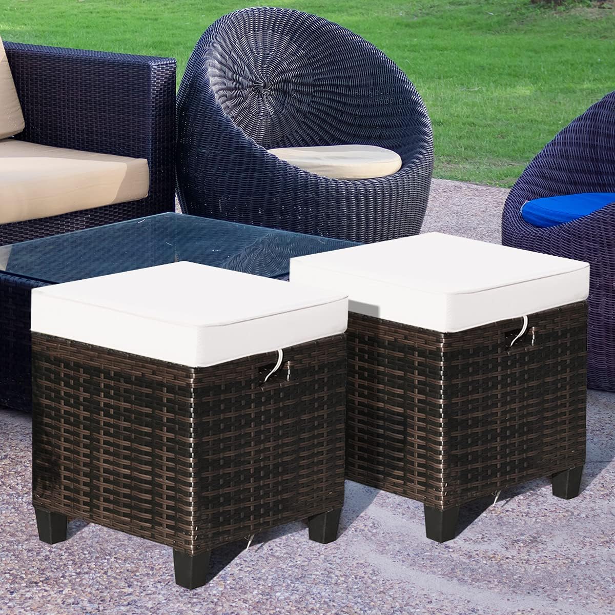 Hysache Outdoor Patio Ottoman Set of 2, All Weather Rattan Ottoman Set