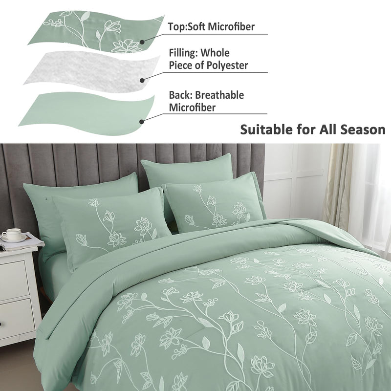 Green Comforter Set Queen, 7 Pieces Bed in a Bag Embroidery Floral Comforter